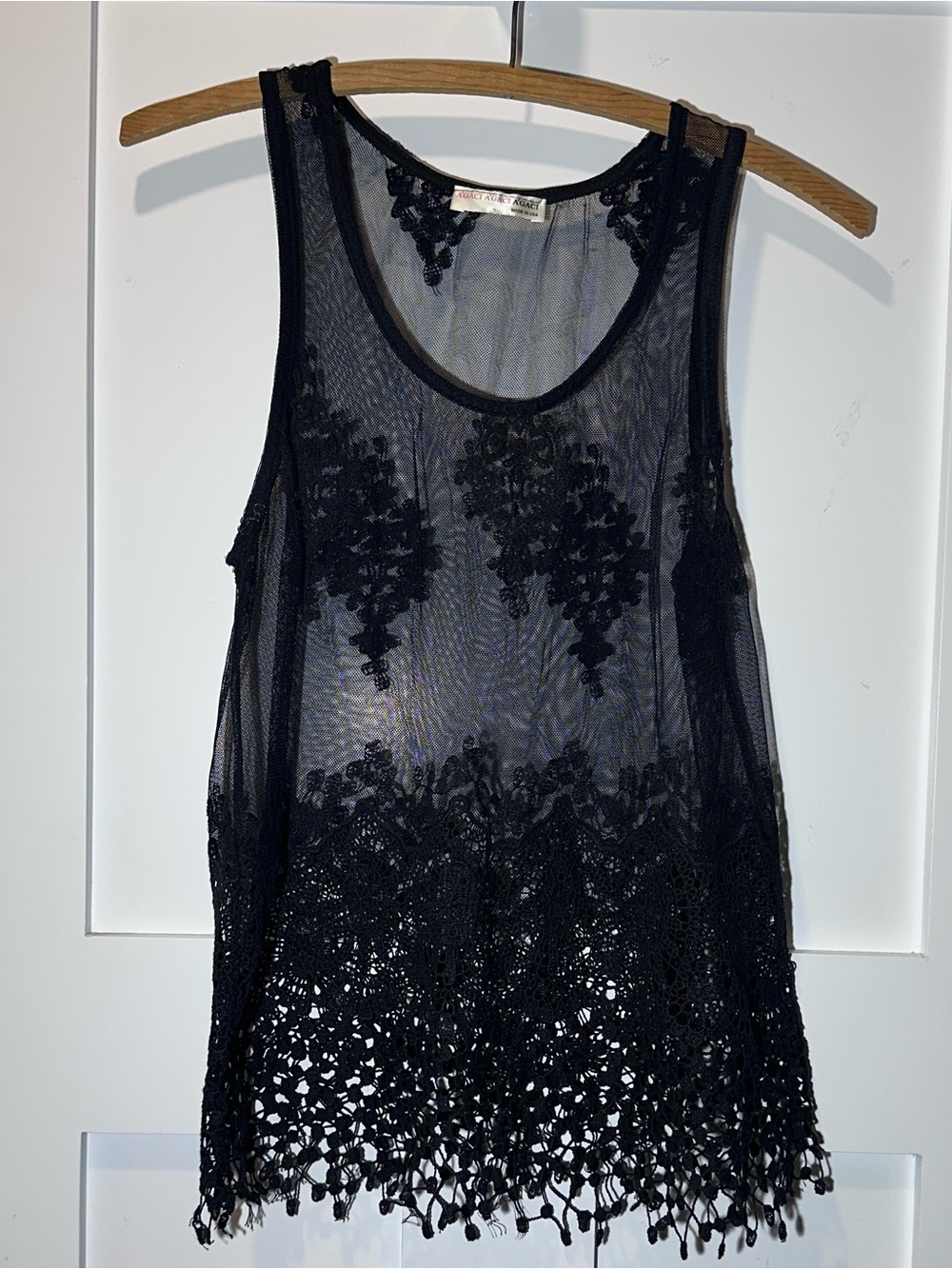 a'gaci Black Sheer Lace Crochet Hem Tank Made in The USA Flirty